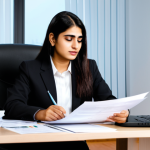 A professional Pakistani individual, gender-neutral, in a modest business suit, sitting comfortably at a contemporary desk. The desk is organized with a laptop displaying financial charts and a neatly arranged stack of financial documents like bank statements and receipts. The individual is calmly reviewing the papers, symbolizing thorough financial organization and preparation for tax season. The background is a clean, well-lit home office or corporate office, conveying an atmosphere of financial stability. The lighting is soft and professional, highlighting the individual and documents.
    *   **Quality Modifiers:** high-resolution, professional photography, natural pose, perfect anatomy, correct proportions, well-formed hands, proper finger count, natural body proportions, safe for work, appropriate content, fully clothed, professional, appropriate attire.