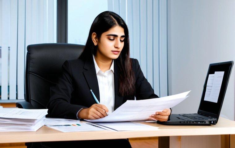 A professional Pakistani individual, gender-neutral, in a modest business suit, sitting comfortably at a contemporary desk. The desk is organized with a laptop displaying financial charts and a neatly arranged stack of financial documents like bank statements and receipts. The individual is calmly reviewing the papers, symbolizing thorough financial organization and preparation for tax season. The background is a clean, well-lit home office or corporate office, conveying an atmosphere of financial stability. The lighting is soft and professional, highlighting the individual and documents.
* **Quality Modifiers:** high-resolution, professional photography, natural pose, perfect anatomy, correct proportions, well-formed hands, proper finger count, natural body proportions, safe for work, appropriate content, fully clothed, professional, appropriate attire.