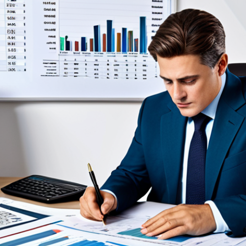 Home 18 A person carefully reviewing a detailed financial statement at a desk, surrounded by graphs and charts, fully clothed, professional attire, safe for work, perfect anatomy, natural proportions, family-friendly.
