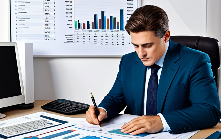 A person carefully reviewing a detailed financial statement at a desk, surrounded by graphs and charts, fully clothed, professional attire, safe for work, perfect anatomy, natural proportions, family-friendly.