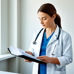 Home 4 재무제표를 통한 소비 패턴 분석 - **Prompt:** "A professional female doctor in a modest lab coat, examining a patient's report in a we...