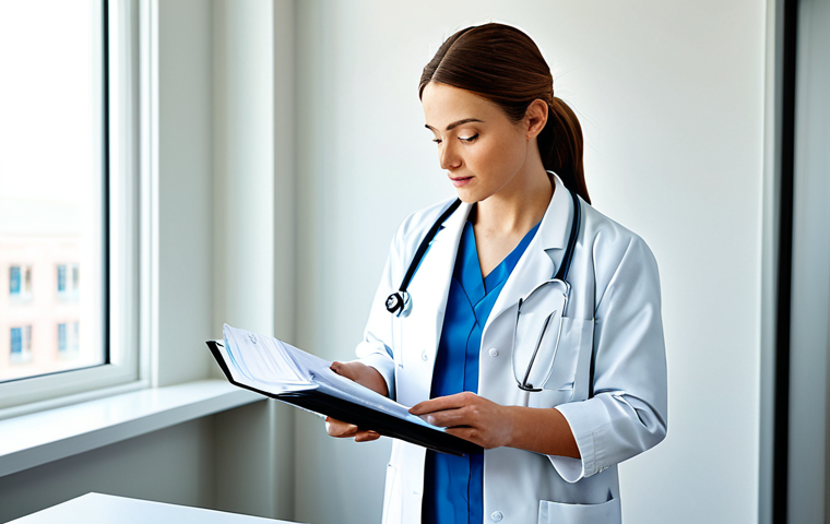 재무제표를 통한 소비 패턴 분석 - **Prompt:** "A professional female doctor in a modest lab coat, examining a patient's report in a we...